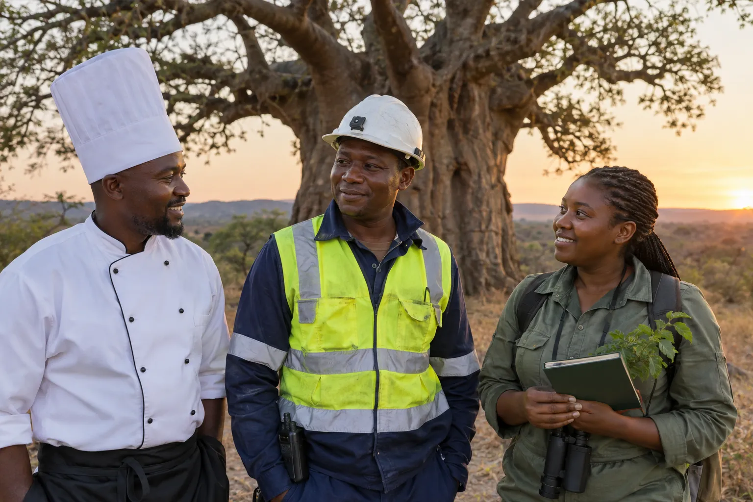 A chef, a mine safety officer and an environmental technician standing together under a baobab tree