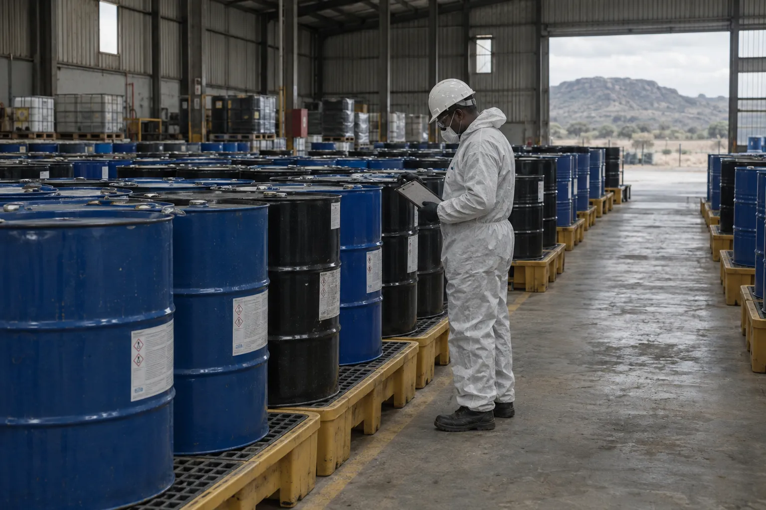Sealed chemical drums on spill pallets in a warehouse being inspected