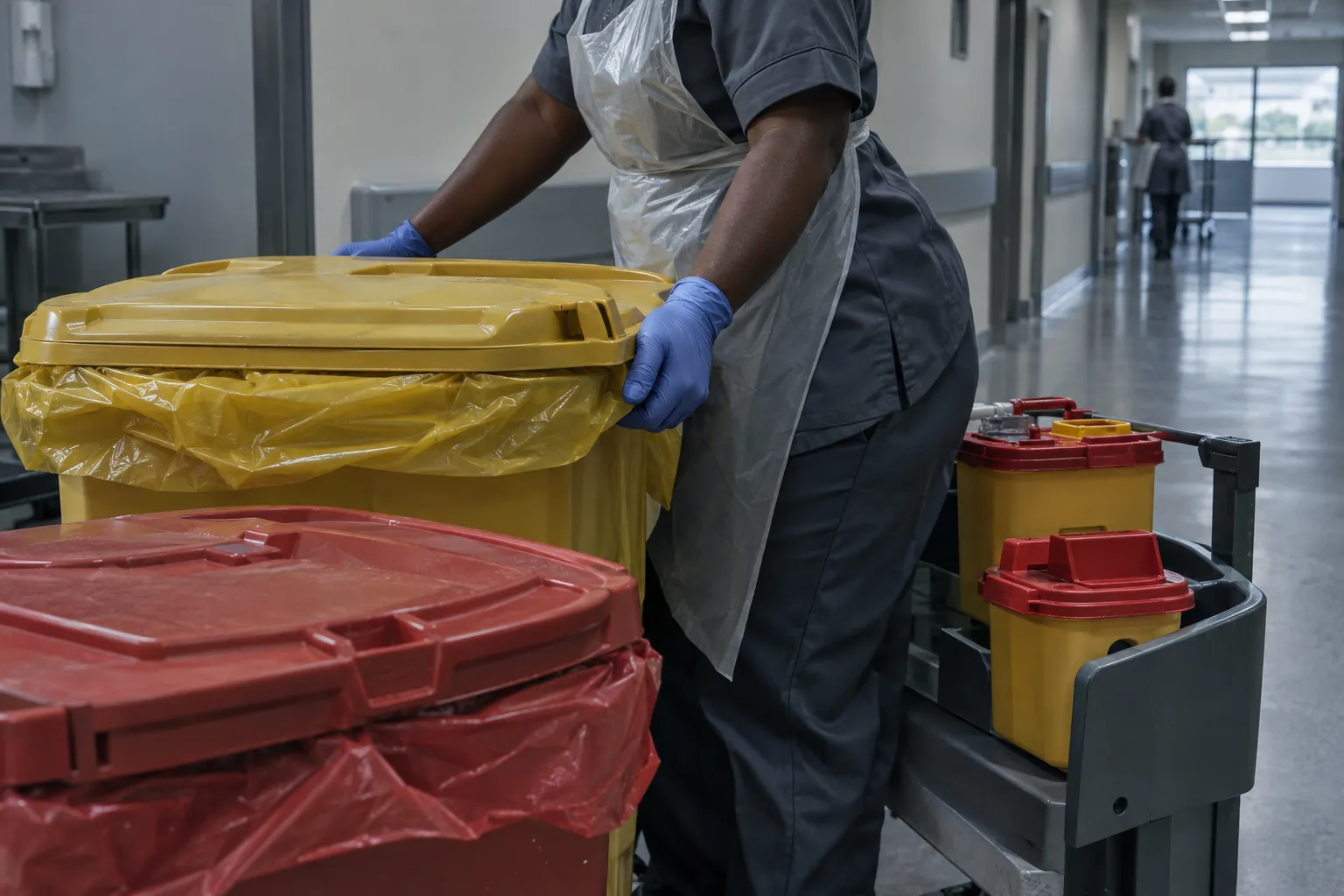 Gloved technician handling sealed medical waste containers and sharps bins