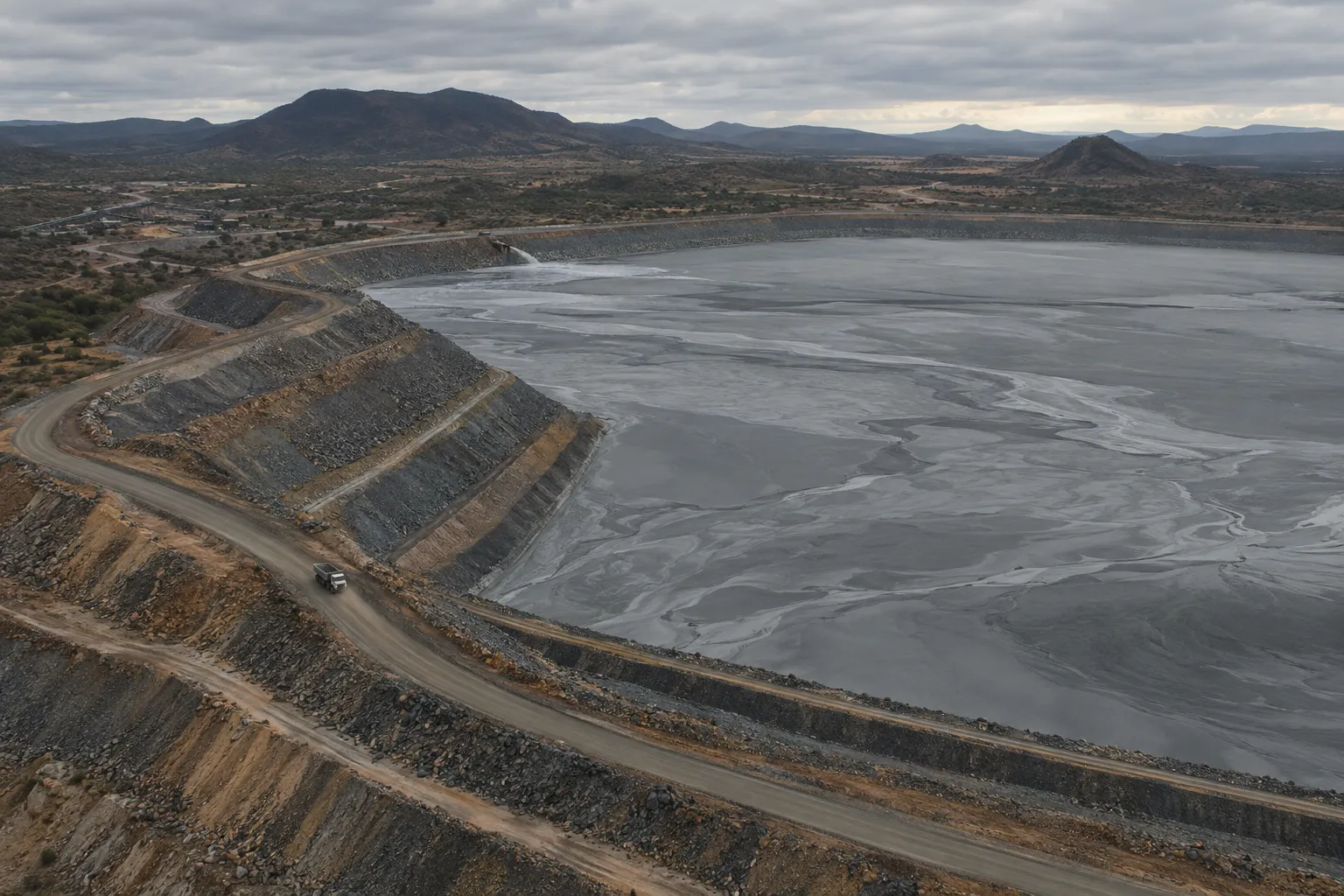 Aerial view of a terraced mine tailings storage facility